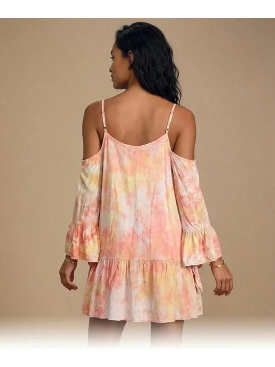 Tie-Dye Ruffle Hem Mini Dress Tunic S | Boho Festival Wanderlust Coastal Cowgirl - Picture 4 of 6